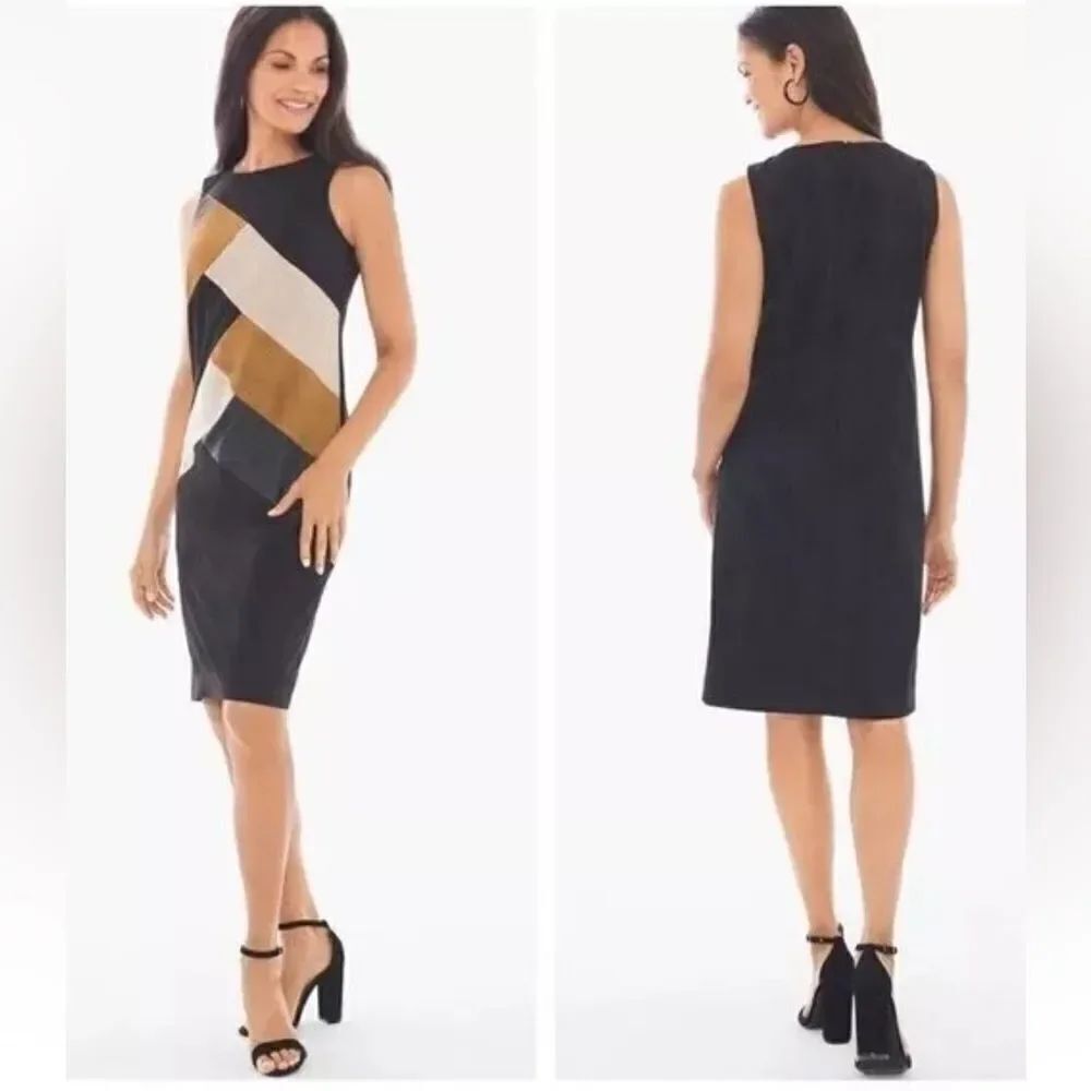 Chico's Dress Women Size Medium Pieced Faux suedeβBlack Brown Sleeveless